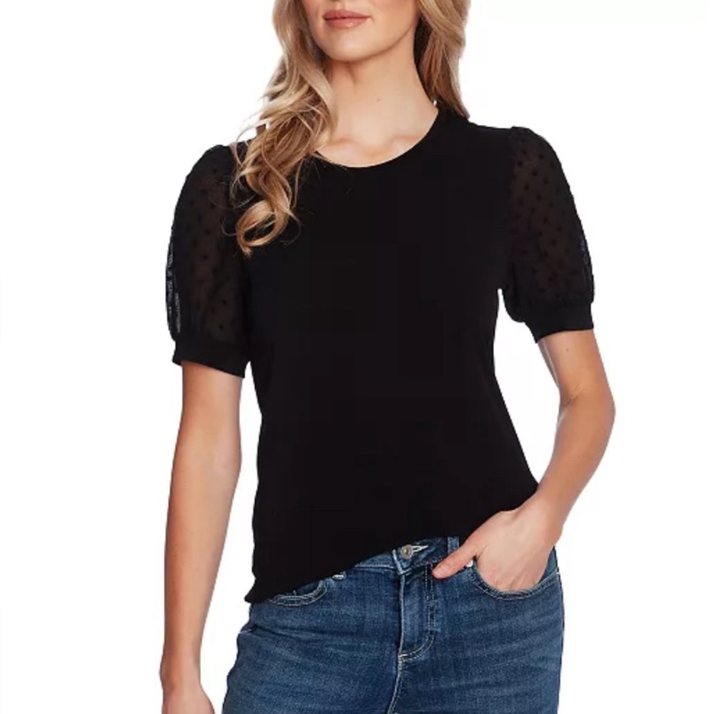 CeCe Short Puff Sleeve Mixed Media Knit Top Black Size XL Excellent Condition